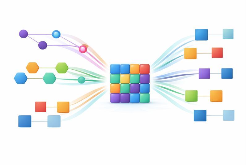 Abstract illustration showing multiple data inputs organized into a standardized classification framework.