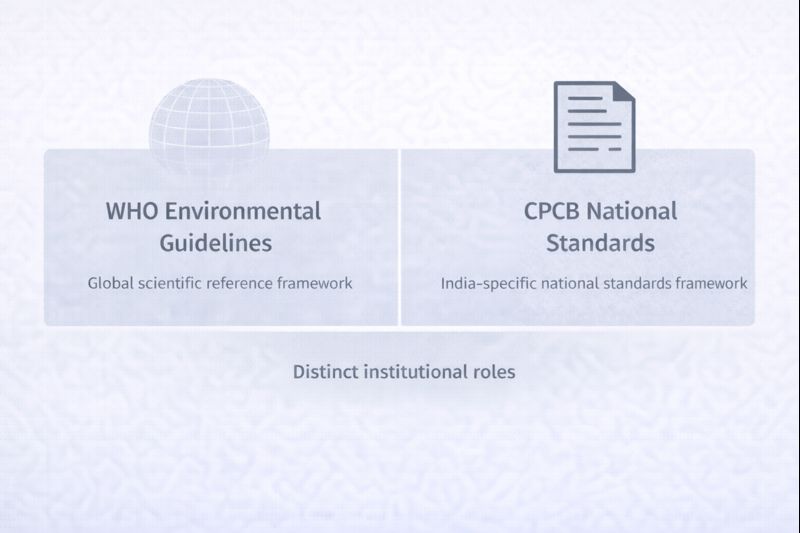 Conceptual illustration comparing CPCB national standards and WHO guidelines as separate frameworks