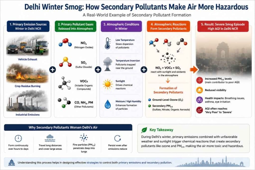 Delhi winter smog infographic showing how secondary pollutants and atmospheric reactions increase PM2.5 levels and hazardous AQI conditions