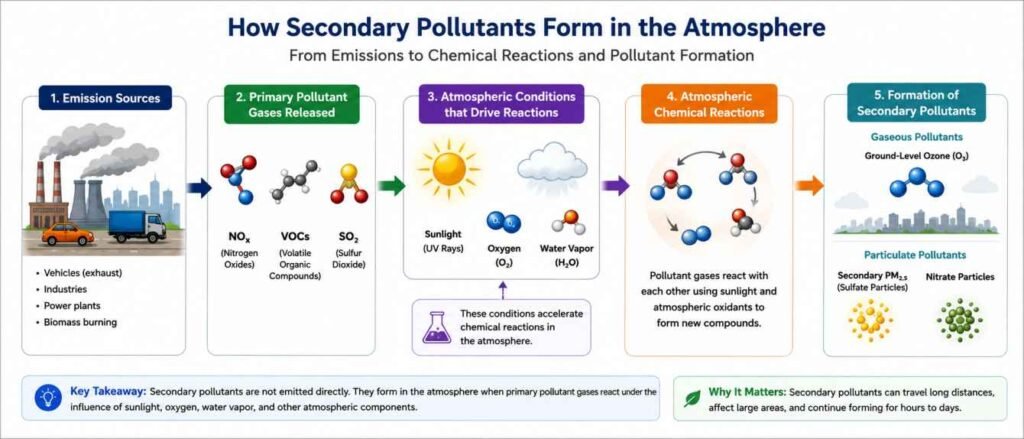 Flowchart showing how vehicle emissions sunlight and atmospheric chemical reactions form secondary pollutants such as ozone and PM2.5