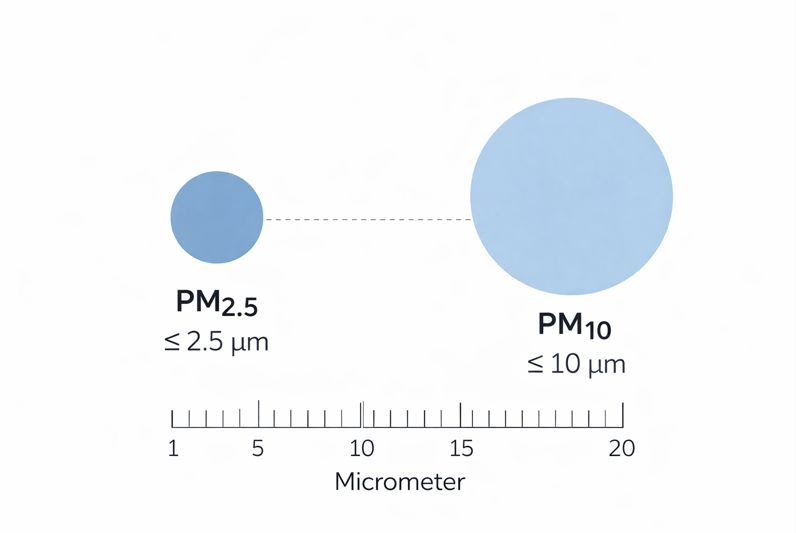 Conceptual illustration showing the relative size distinction between PM2.5 and PM10 particles for educational purposes.
