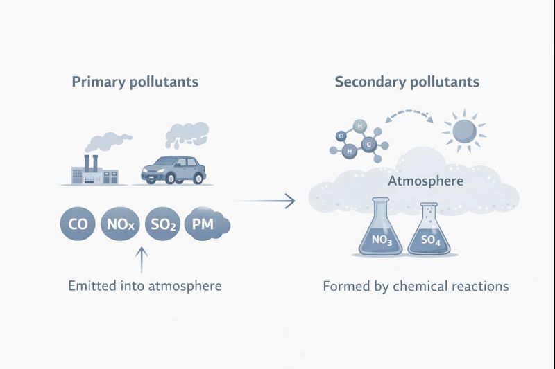Conceptual schematic illustrating the distinction between primary and secondary air pollutants based on formation pathways.