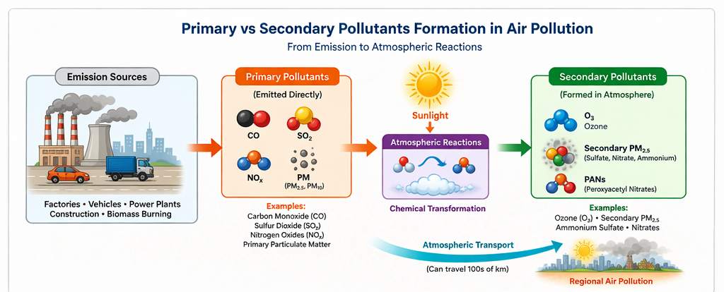 Primary vs Secondary Pollutants formation diagram in air pollution