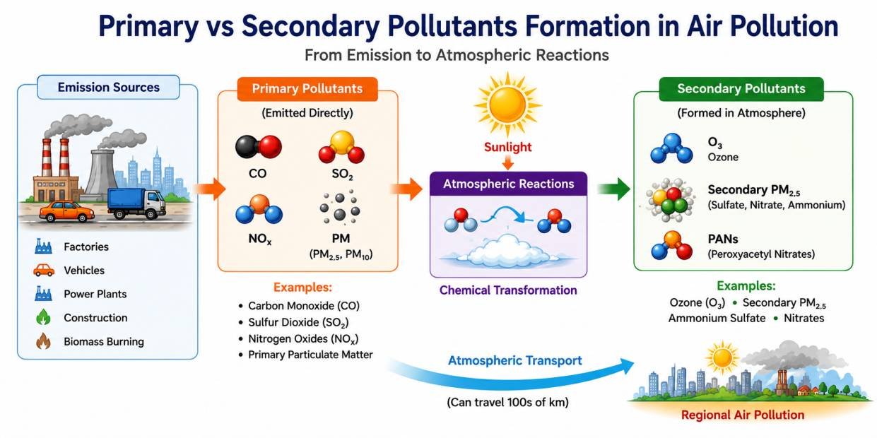 Infographic showing how primary pollutants transform into secondary pollutants through atmospheric chemical reactions