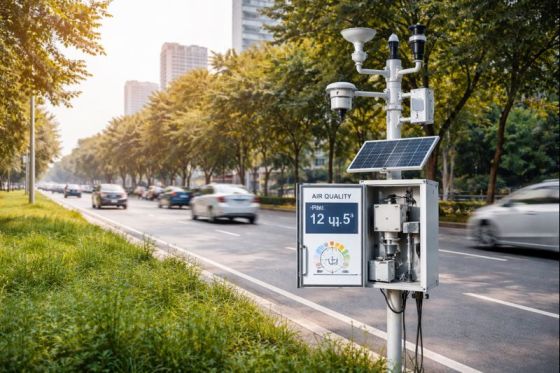Roadside air quality monitoring equipment measuring PM2.5 levels near an urban road.