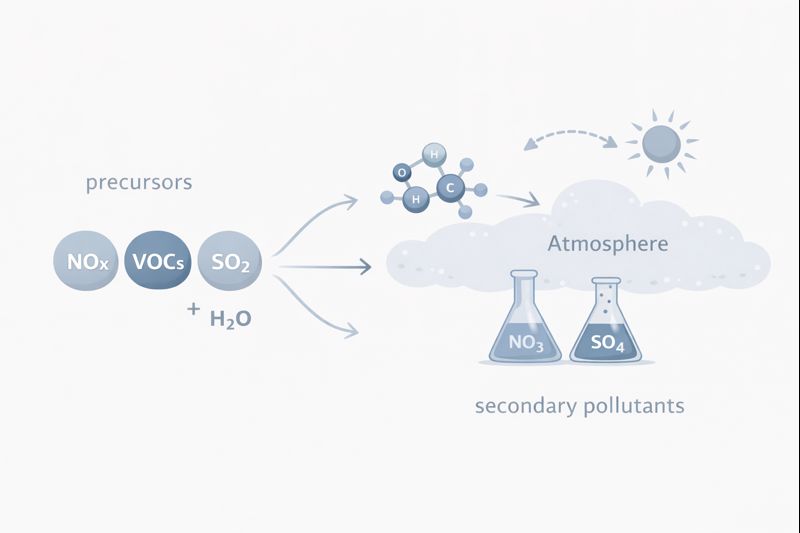 Schematic illustrating atmospheric processes involved in the formation of secondary air pollutants from precursor substances.