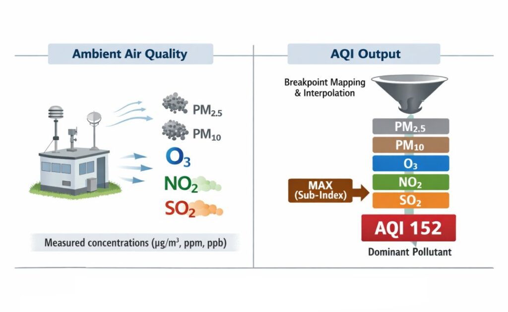 Two-panel diagram showing measured pollutant concentrations (PM2.5, PM10, O3, NO2, SO2) converted through breakpoint mapping and maximum sub-index selection into an AQI value of 152.