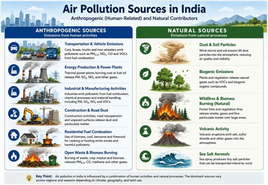 Infographic showing major anthropogenic and natural air pollution sources in India.
