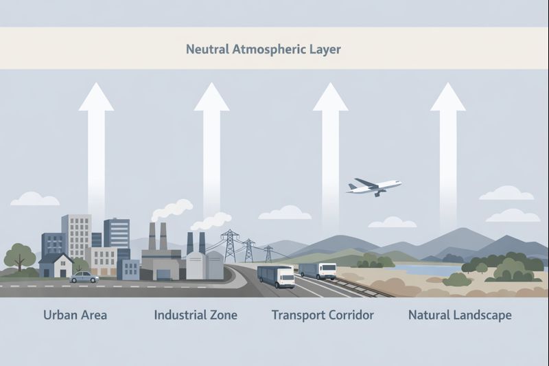 Diagram illustrating urban, industrial, transport, and natural source categories contributing to atmospheric emissions.