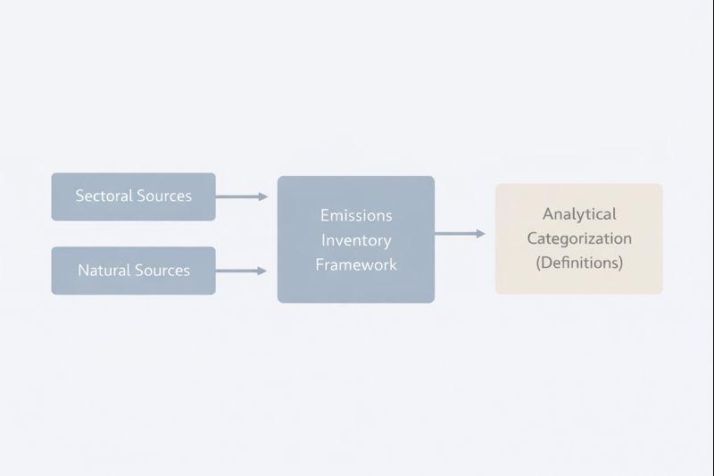 Flow diagram showing sectoral and natural sources feeding into an emissions inventory framework and resulting in analytical categorization.