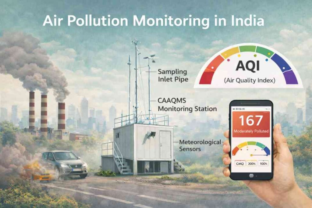 air pollution monitoring station in India showing CAAQMS sensors sampling inlet and AQI reporting system
