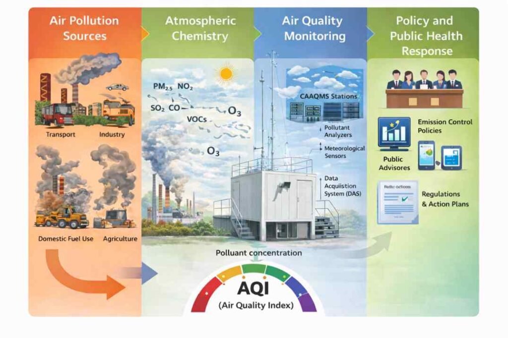 diagram showing air pollution sources atmospheric chemistry monitoring systems AQI calculation and policy response