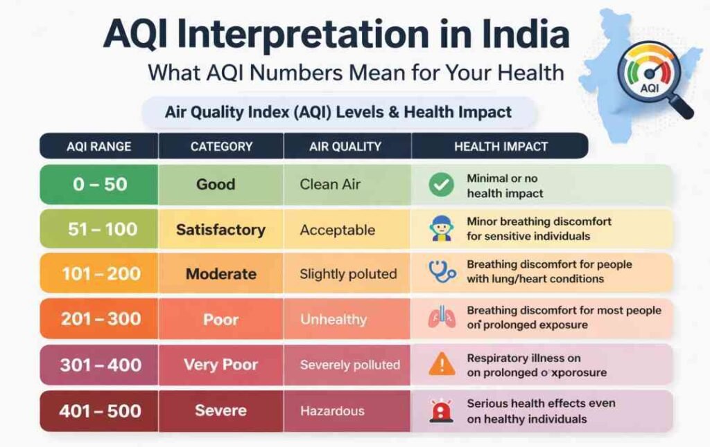 AQI interpretation in India chart showing AQI levels, categories and health effects