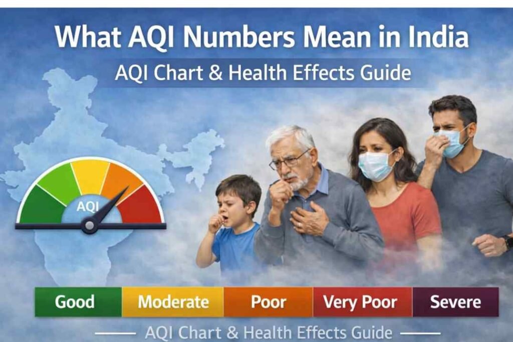 AQI numbers meaning in India chart showing air quality levels from good to severe and health effects