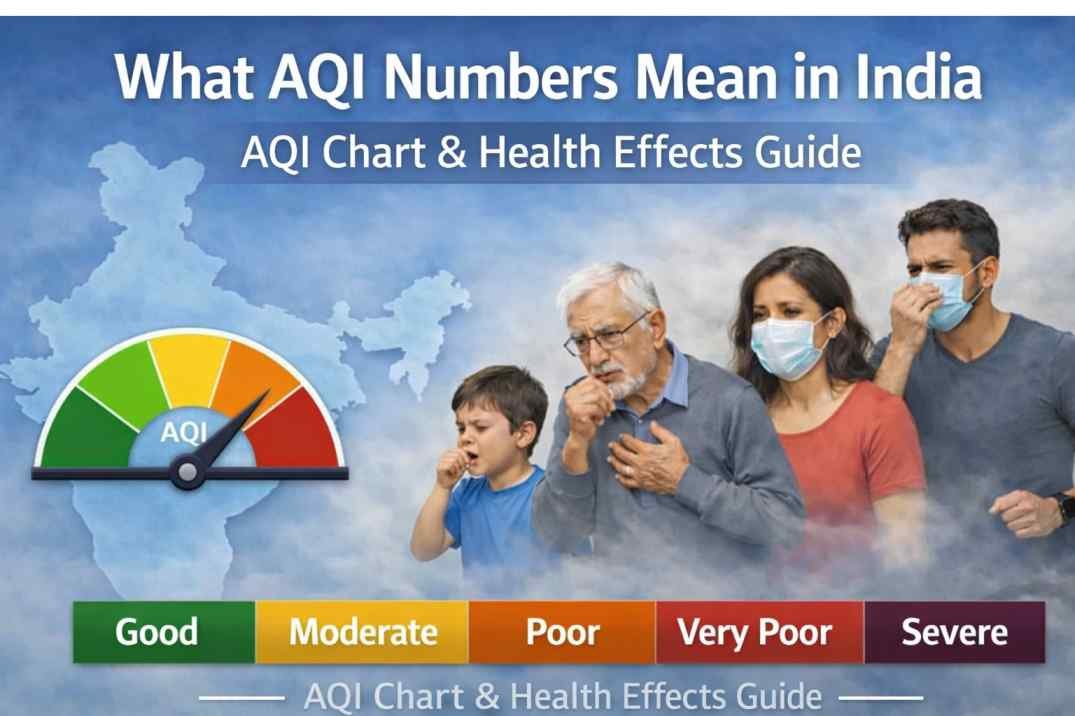 AQI numbers meaning in India chart showing air quality levels from good to severe and health effects