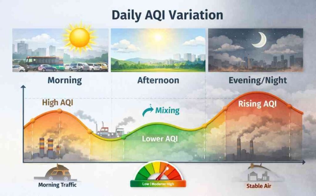 Why air pollution changes daily showing AQI variation from morning to afternoon and evening due to atmospheric conditions