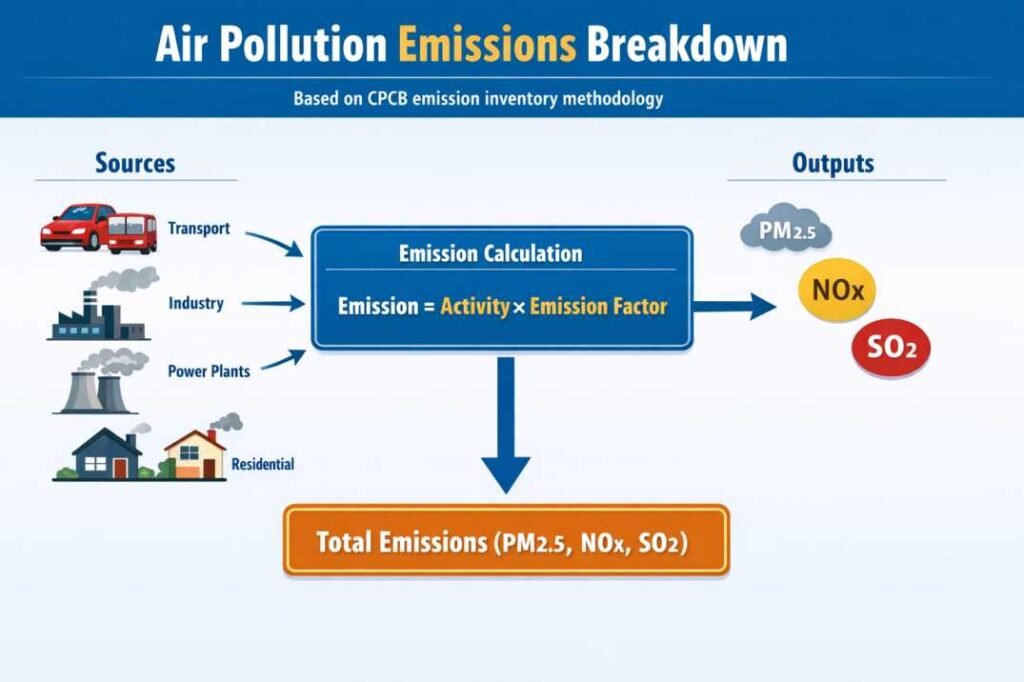 Emission inventory in India diagram showing sources, emission calculation and pollutant outputs like PM2.5 NOx and SO2