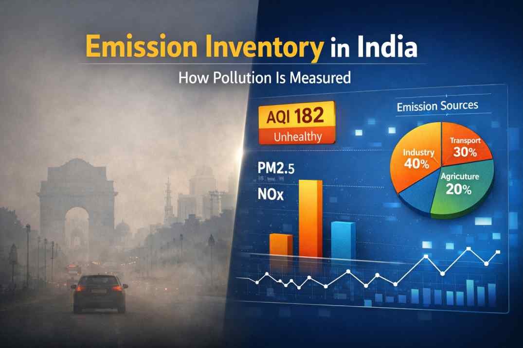 Emission inventory in India concept showing pollution sources and air quality data with AQI and emission charts