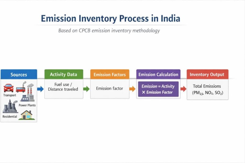 Emission inventory in India process diagram showing sources, activity data, emission factors and emission calculation