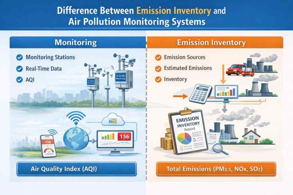 Emission inventory vs air pollution monitoring systems in India showing difference between real time AQI monitoring and emission estimation
