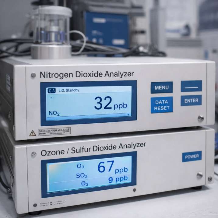 Gas analyzers used in air pollution monitoring stations to measure nitrogen dioxide ozone and sulfur dioxide