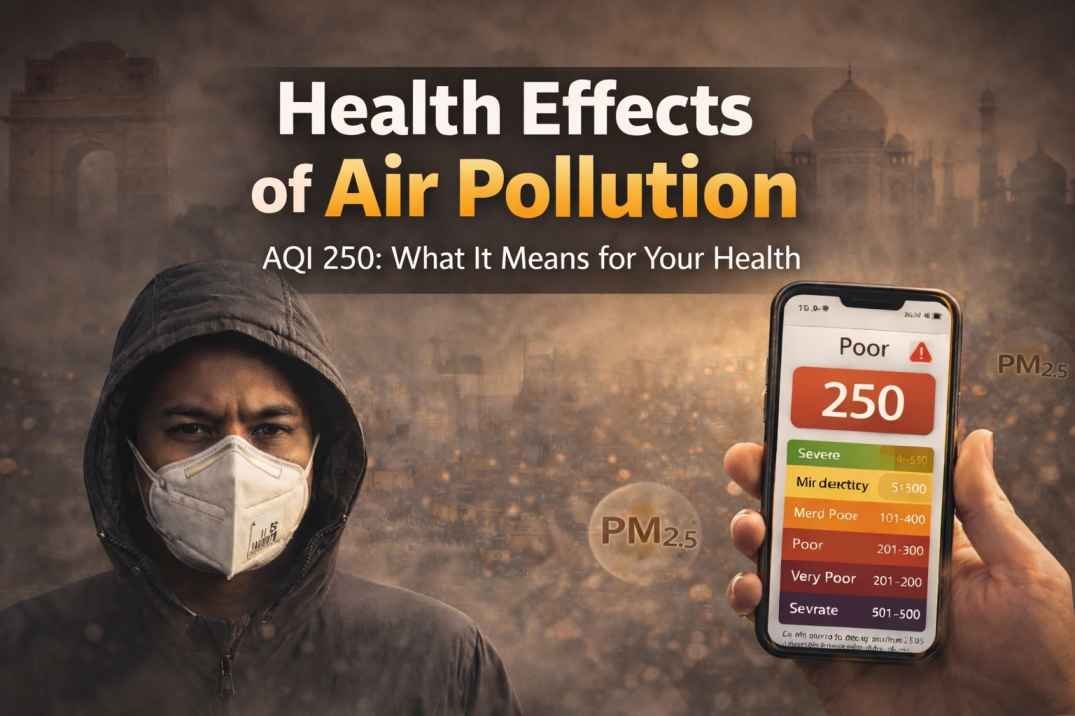 Health effects of air pollution in India showing AQI 250 poor air quality and mask protection