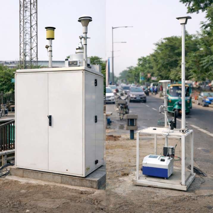 Types of air pollution monitoring stations including continuous monitoring station and manual air sampling equipment