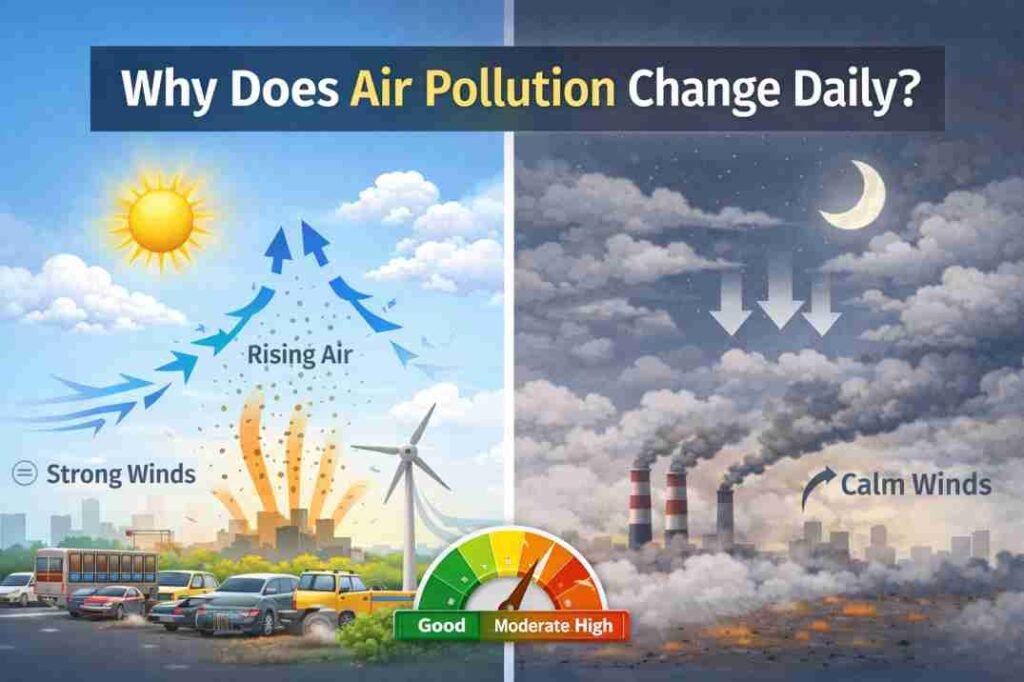 Why air pollution changes daily showing AQI changes due to weather conditions like wind and atmospheric mixing in cities