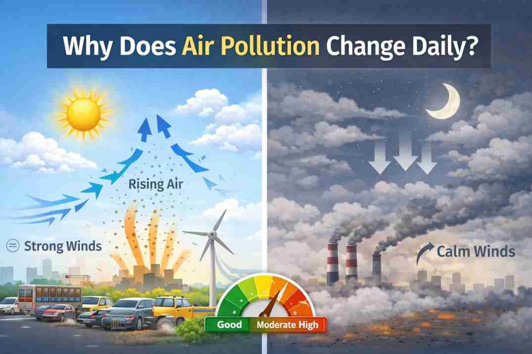 Why air pollution changes daily showing AQI changes due to weather conditions like wind and atmospheric mixing in cities