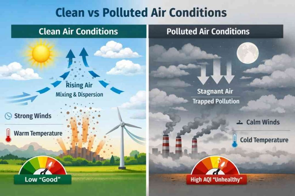 Why air pollution changes daily due to weather conditions showing dispersion vs trapped pollution and AQI changes