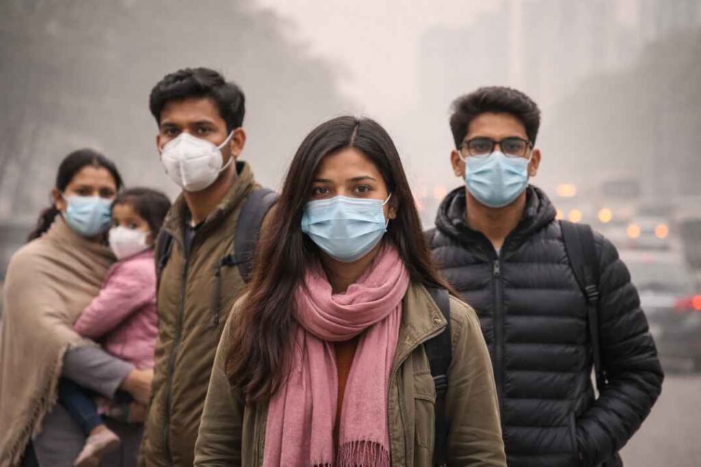 Health impact of air pollution in India showing people wearing masks in polluted city