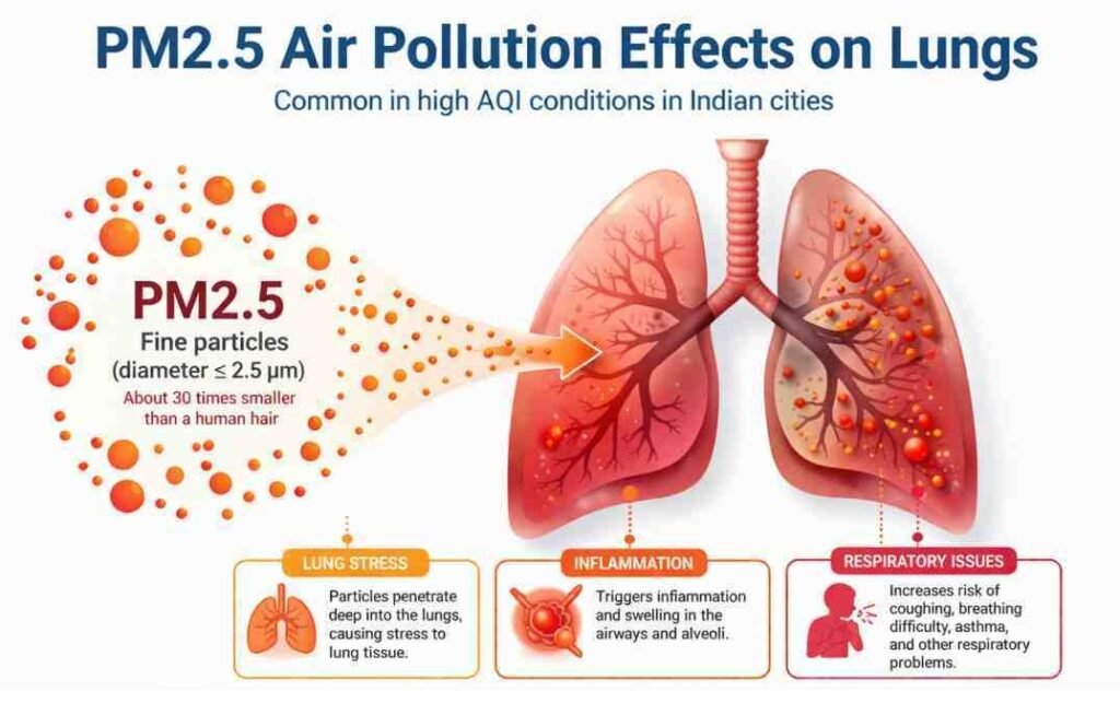 PM2.5 air pollution effects on lungs showing particle penetration inflammation and respiratory damage