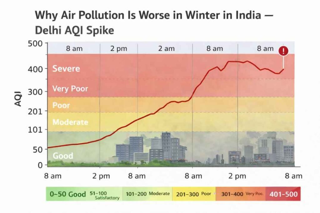 Why air pollution is worse in winter in India showing Delhi AQI spike from moderate to severe levels