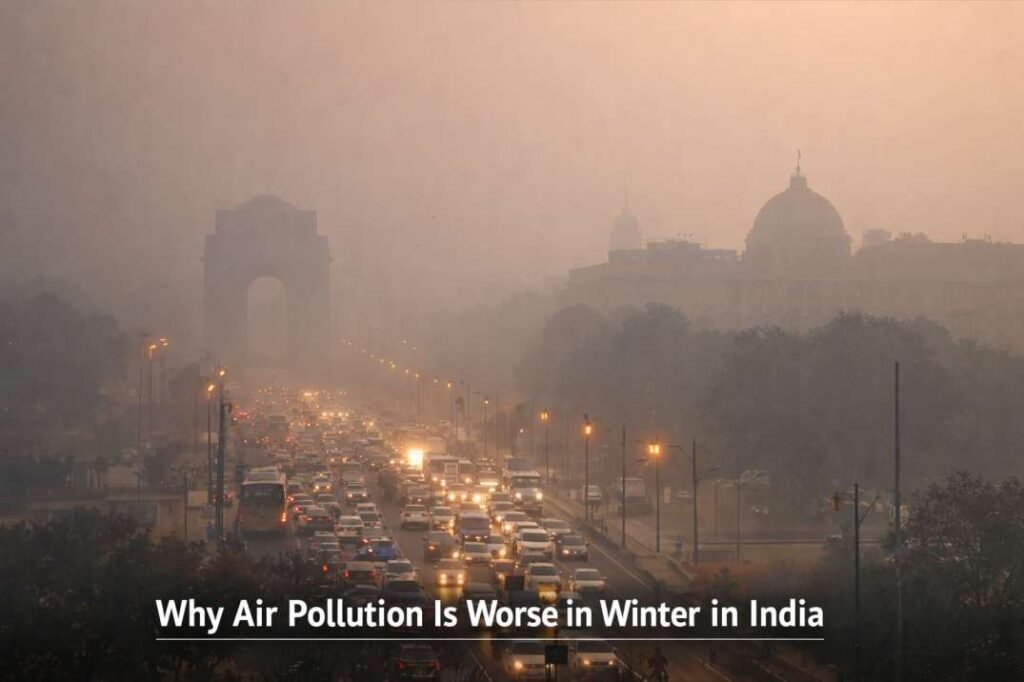 Why air pollution is worse in winter in India showing Delhi smog and severe AQI conditions
