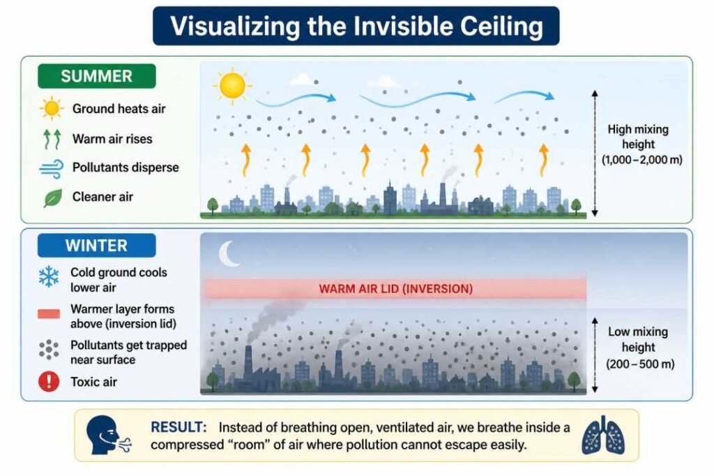 Infographic showing how winter temperature inversion traps pollution in India