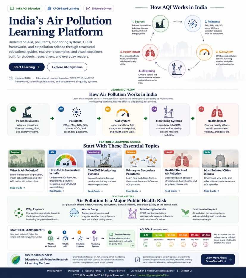 India air pollution learning platform infographic showing AQI systems pollutants and monitoring networks
