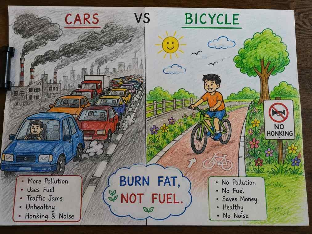 Hand-drawn poster comparing traffic pollution from cars with eco-friendly bicycle transport.