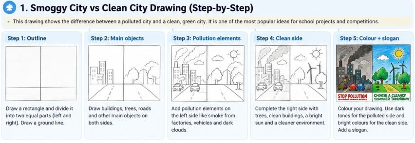 Step-by-step air pollution drawing showing a clean city and polluted city