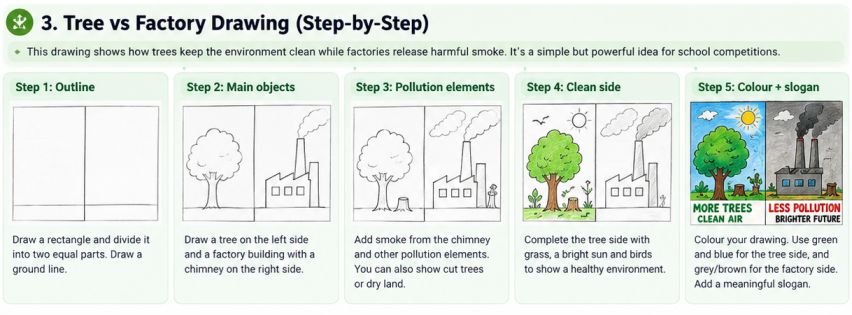 Step-by-step tree vs factory air pollution drawing for school project