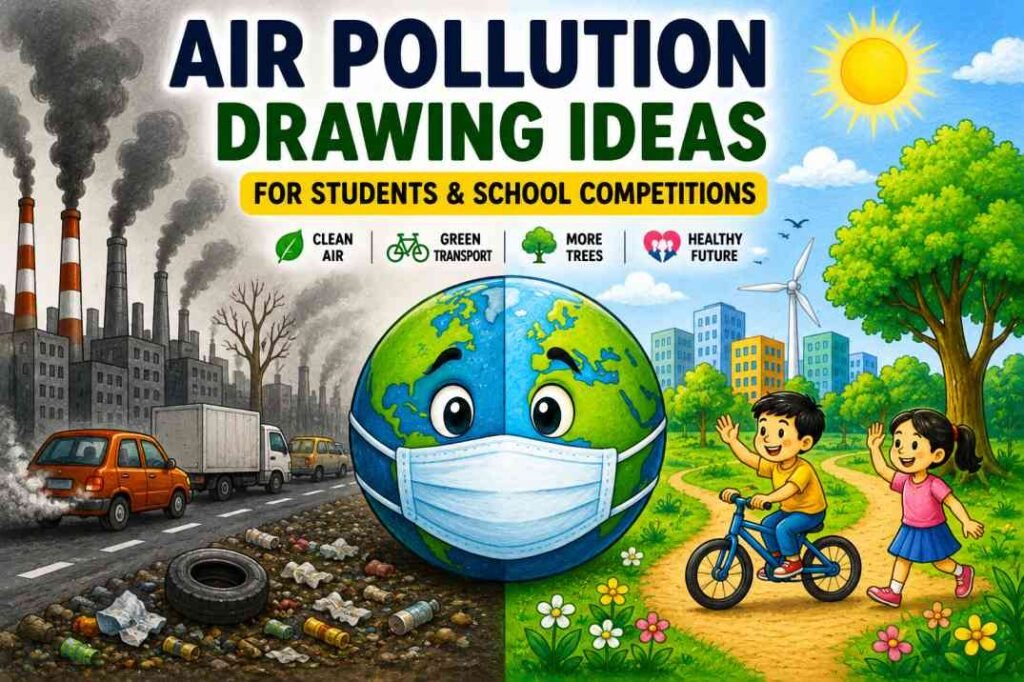 Air pollution drawing ideas poster showing polluted vs clean environment for students.