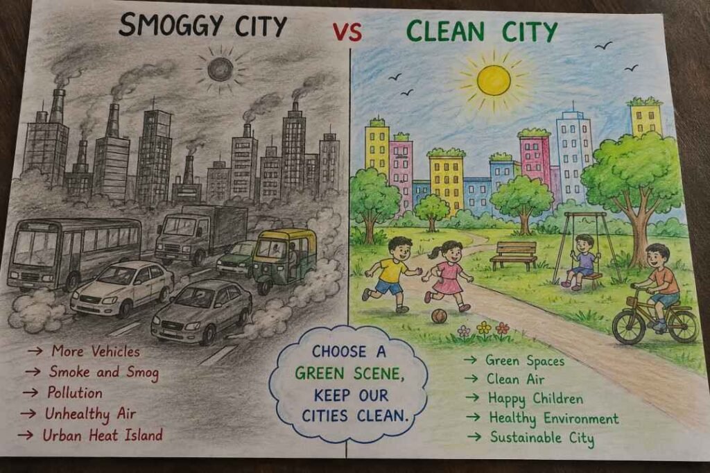 Hand-drawn comparison of a smoggy city and a clean city for a school project.