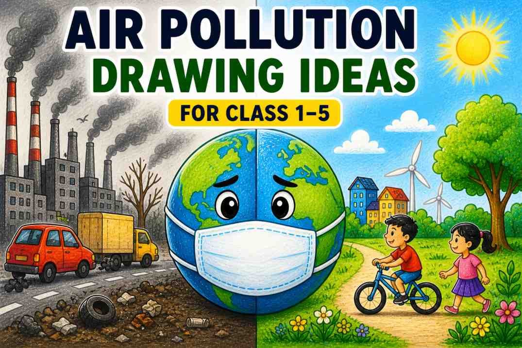 Easy air pollution drawing for Class 1–5 students showing clean vs polluted city