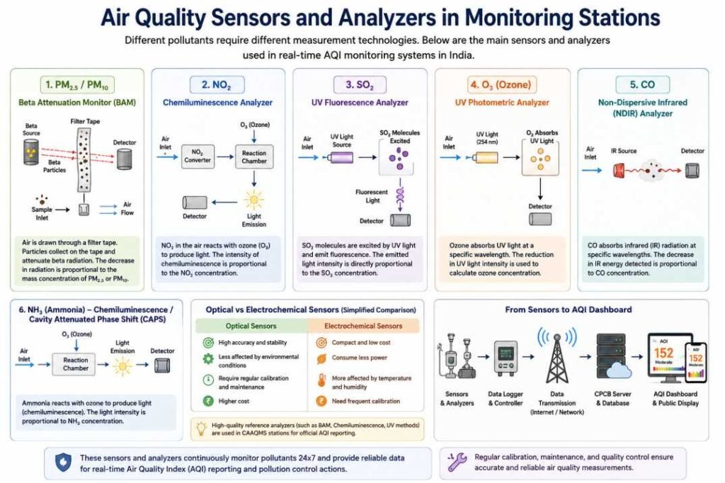 Infographic showing PM2.5, NO2, SO2, ozone, and CO analyzers used in air quality monitoring stations.