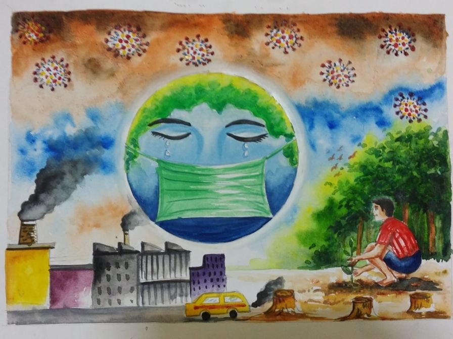Hand-drawn Earth wearing a mask poster showing the effects of air pollution