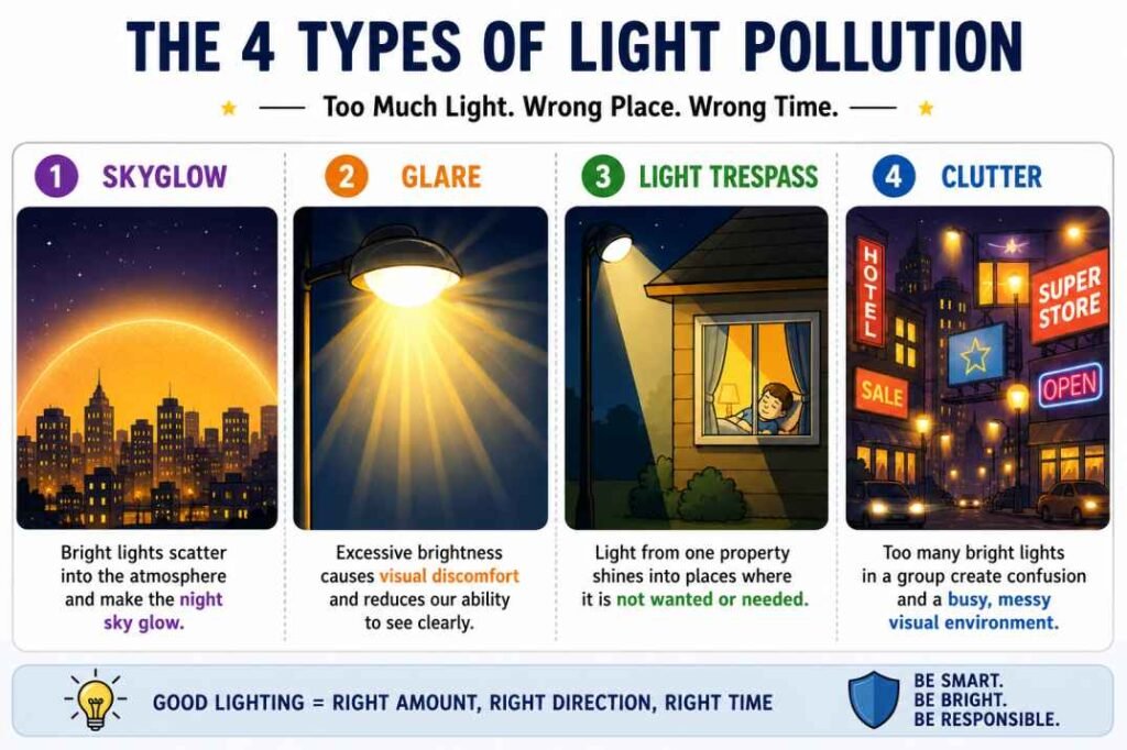 Diagram showing the four types of light pollution: skyglow, glare, light trespass, and clutter