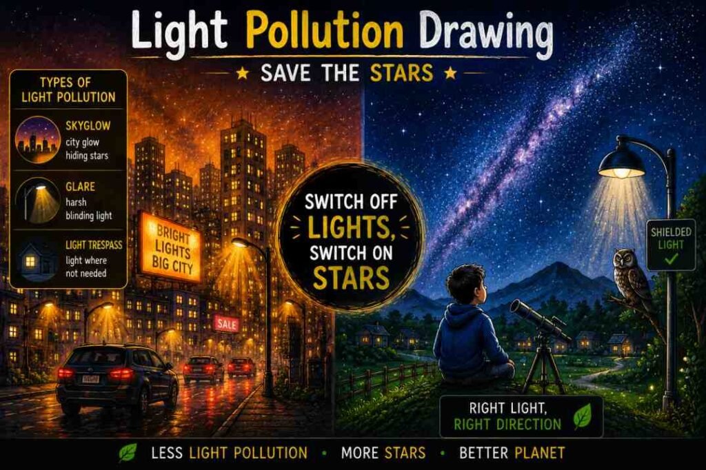 Light pollution drawing showing city skyglow and a dark starry night sky