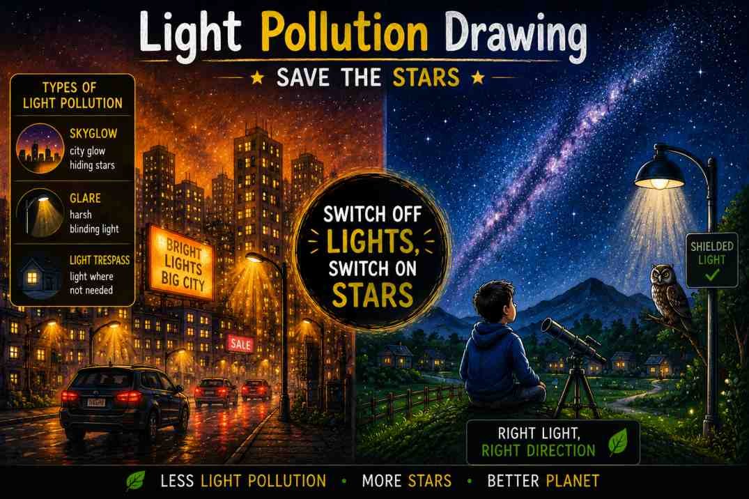 Light pollution drawing showing city skyglow and a dark starry night sky