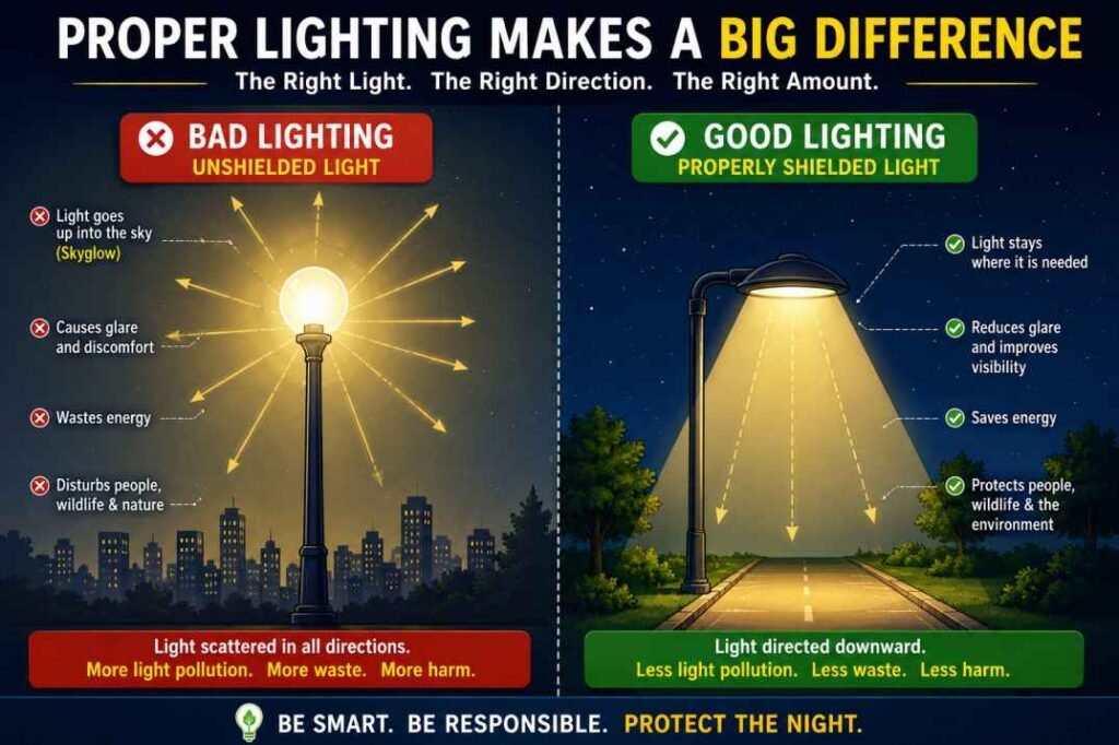 Light Pollution Drawing comparing unshielded street lights with properly shielded outdoor lighting