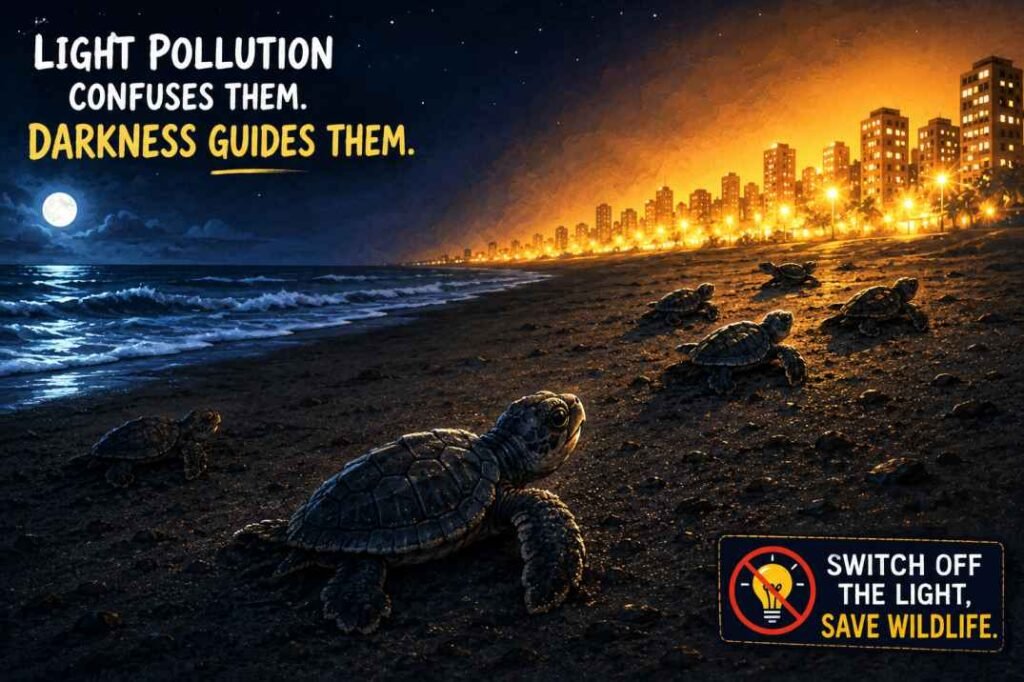 Light Pollution Drawing showing baby sea turtles moving toward bright city lights instead of the ocean
