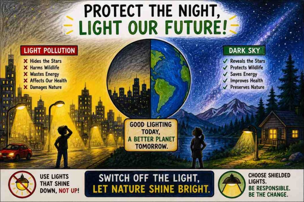 Light Pollution Drawing poster showing polluted city lights compared with a dark natural night sky